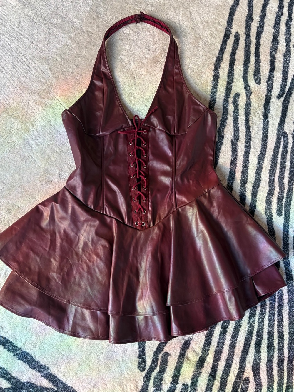 Burgundy Faux Leather Corset Halter Skater Romper Dress L